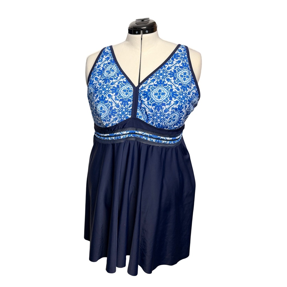 Swimdress Modest Plus Tankini Set 24W Navy Blue Mosaic Swimsuit Shorts Beach